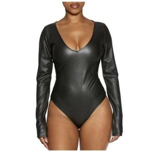 NAKED WARDROBE faux leather black body suit, long sleeves, deep v neck size L